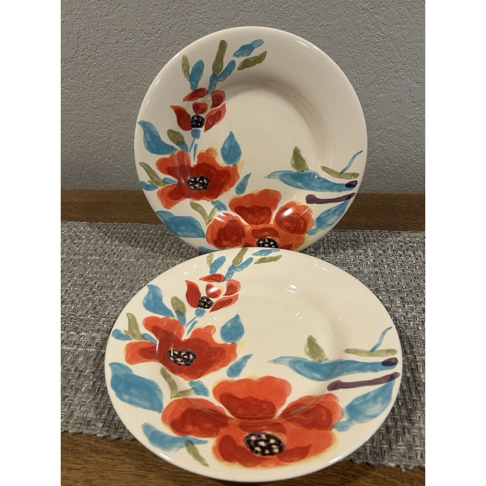 Tabletops Gallery Alissa Dinner Plates x2 Aqua Red Green Floral on Cream